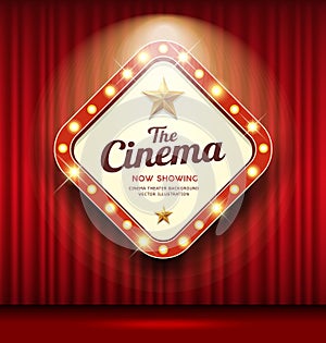 Cinema Theater sign shaped square light up on red curtain design