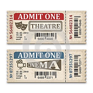 Cinema and theater tickets in retro style. Two admission tickets isolated on white background