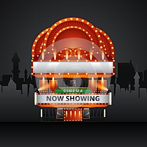 Cinema theatre building exterior. Movie entrance with retro light marquee banner vector illustration