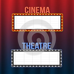Cinema and theatre signboards on blue and red curtains with spotlights and vintage frames