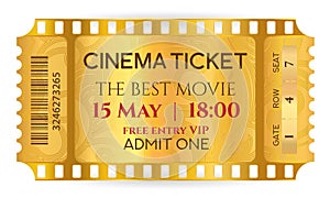 Cinema Ticket Golden Ticket token template tear-off ticket film strip isolated on white background