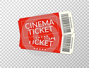 Cinema ticket. Movie two realistic red coupon. Vector pair vintage admission ticket