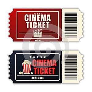 Cinema ticket set. Template of two realistic movie tickets isolated on white background. Vector.