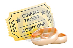 Cinema tickets with golden wedding rings, 3D rendering