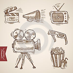 Cinema TV television film show popcorn engraving vector vintage