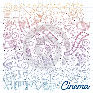 Cinema, video. Doodle set of vector icons. Megaphone, camera, movie. Musical theathre, entertaiment.