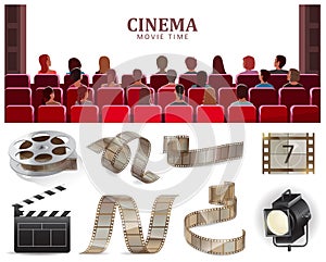 Cinema watch movie theater empty screen template with group of people sitting before white screen