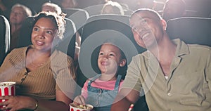 Cinema, watching movie and happy family eating popcorn together with kid, mother and father laughing. Audience, snack
