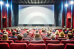 Cinema Wide Screen with People in Red Chairs