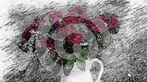 Cinemagraph of bouquet of red roses in sketching style
