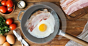 Cinemagraph - Cooking egg with bacon in a frying pan.