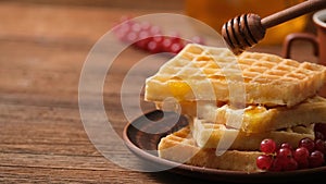 Cinemagraph -Drops of honey dripping on the belgian waffles.