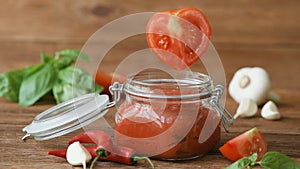 Cinemagraph - Drops of tomato juice dripping into the tomato sauce jar.