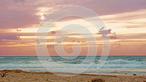Cinemagraph of group of surfers surfing in the mediterranean sea at sunset in Palmahim beach in Israel