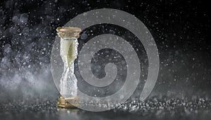 Cinemagraph of a hourglass under the water drops isolated on black background. Time limited. Deadline. Marketing strategy.