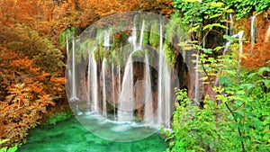 Cinemagraph video of waterfall landscape in Plitvice Lakes Croatia in autumn