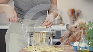 Cinemagraph - Woman`s hands use a pasta cutting machine.