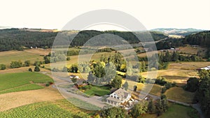 Cinematic aerial footage of country estate vineyard in Oregon`s Willamette Valley.