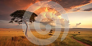 Cinematic African landscape. Sahara grasslands. Sunrise over the desert plains. Safari views.