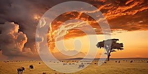 Cinematic African landscape. Sahara grasslands. Sunrise over the desert plains. Safari views.