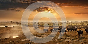 Cinematic African landscape. Sahara grasslands. Sunrise over the desert plains. Safari views.