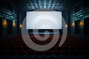 Cinematic allure Blank screen at a movie theater invites anticipation