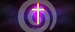 Cinematic Christian cyberpunk web panoramic banner with glowing cross, sepulcher and neon lighted brick wall