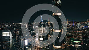 Cinematic city lights at night NYC illumination, Aerial birds eye perspective US