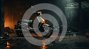 Cinematic Close-up: Black Moped In Abandoned Warehouse photo