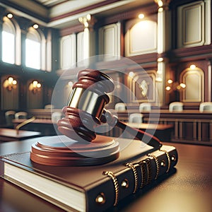 Cinematic close-up image of a judge\'s gavel photo