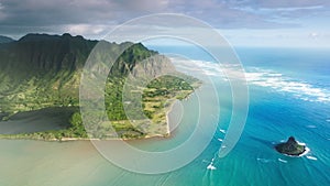 Cinematic coast of Oahu island Hawaii USA,Beautiful nature view of green jungles