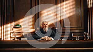Cinematic Court of Law and Justice Trial: Portrait of Impartial Male Judge Listening To the Pleaded