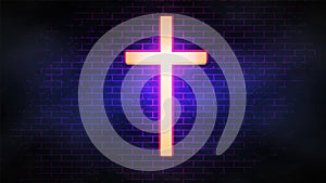 Cinematic cyberpunk christian wide banner with a holy shrine of a neon glowing cross