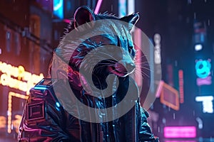 Cinematic Cyberpunk Realism: 3D Skunk in an Urban Neon Rococo Setting with Dark Shiny Background and Super Detail
