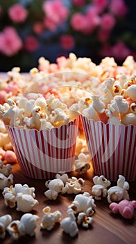 Cinematic delight Fresh popcorn pops in vibrant pink, gracing a cinematic  themed table