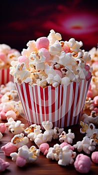 Cinematic delight Fresh popcorn pops in vibrant pink, gracing a cinematic  themed table
