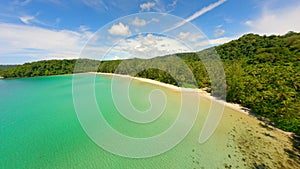 Cinematic FPV drone flight over tropical beach on paradise island in Thailand.