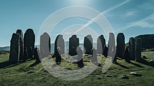 Cinematic Group Standing Outside Circle Of Stones In Scottish Landscape