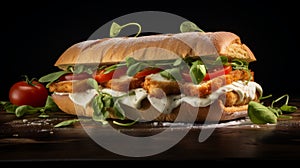 Cinematic Lighting Inspires Chicken Fried Sub Sandwich With Tomato, Mozzarella, And Basil