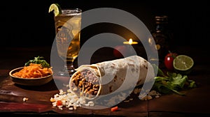 Cinematic Lighting: A Marbleized Burrito And Rum On A White Kolsch Table photo