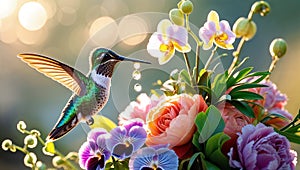 Tiny Hummingbird with Emerald Feathers Among Flowers photo
