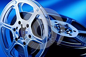 Cinematic Nostalgia Vintage Film Reels on Blue Background