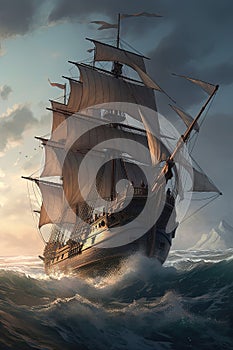 Cinematic ocean vessel ship. Nautical vintage galleon pirate ship. Antique boat on stormy seas.