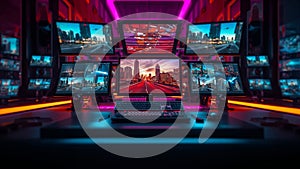 a digital computer displaying multiple security camera feeds on numerous screens