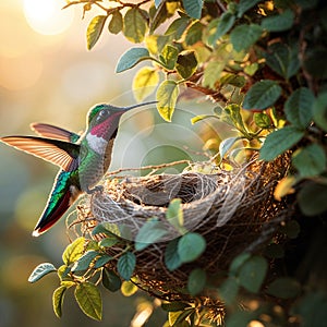 Tender Hummingbird Nesting with Emerald Feathers photo