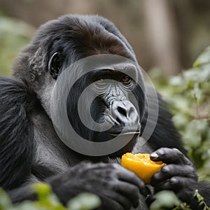 Cinematic Portrait of Endangered Mountain Gorilla Eating Fruit