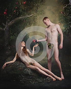 Cinematic portrait, replica of picture Adam and Eve. Man and woman in image of famous characters over vintage style