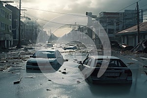 A cinematic portrayal of a city destroyed by Tsunami waves in a disaster, with flooded streets, cars carried by waves