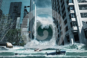 Cinematic portrayal of a city destroyed by Tsunami waves in a disaster. Matte painting technique.