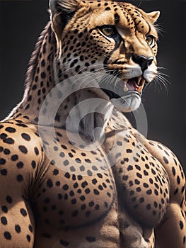 In a cinematic portrayal, a pumped-up, muscled cheetah or leopard confidently dons a hyper-detailed